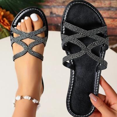 Женские тапочки 2024 Лето Новые модные женские тапочки с открытым носком Уличные женские шлепанцы на плоской подошве со стразами Zapatos De Mujer