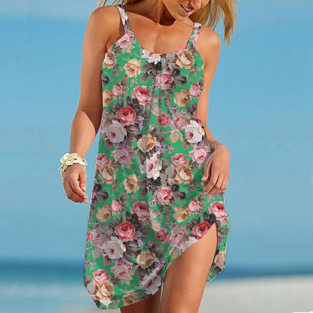 Пляжная одежда Мини-платье с принтом разноцветных роз Повседневное современное платье без рукавов Свободный крой для улицы Повседневное летнее