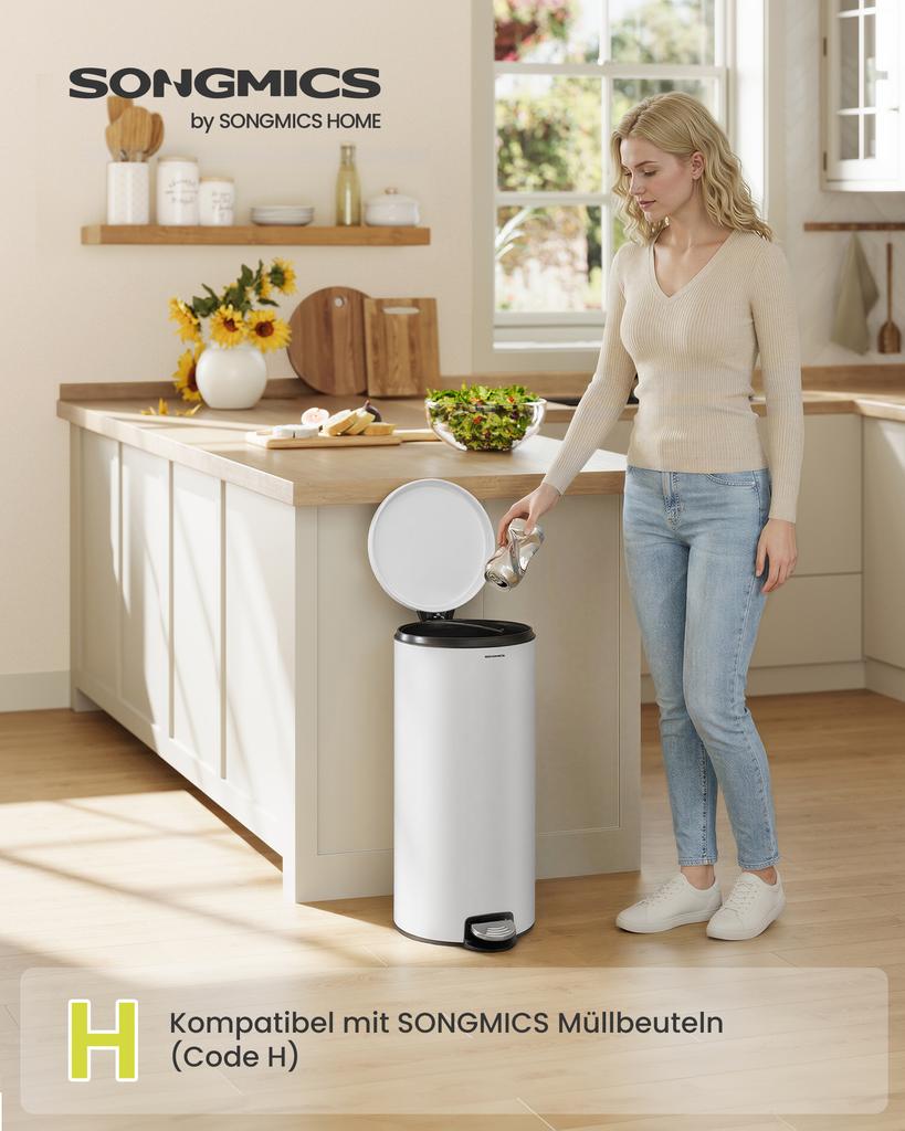 SONGMICS 30L Round Trash Can with 15 Trash Bags, Metal Pedal, Removable Plastic Bucket, Handle, Soft-Close Lid, Steel, Cloud White