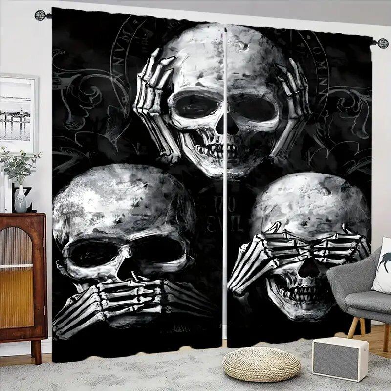 2 Pieces of High-definition Digital Black Skull Print Curtains, Pole Bag Home Decoration, Room Decoration