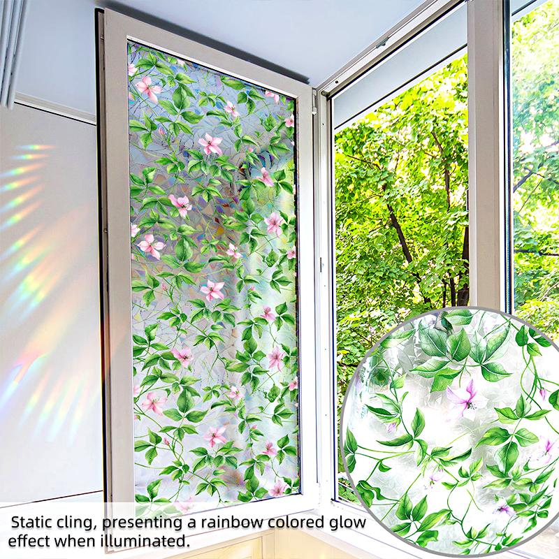 1 Sheet Glass Window Film Double-sided Viewing Stained Removable Glass Sticker Colorful Flower & Vine Window Stickers PVC