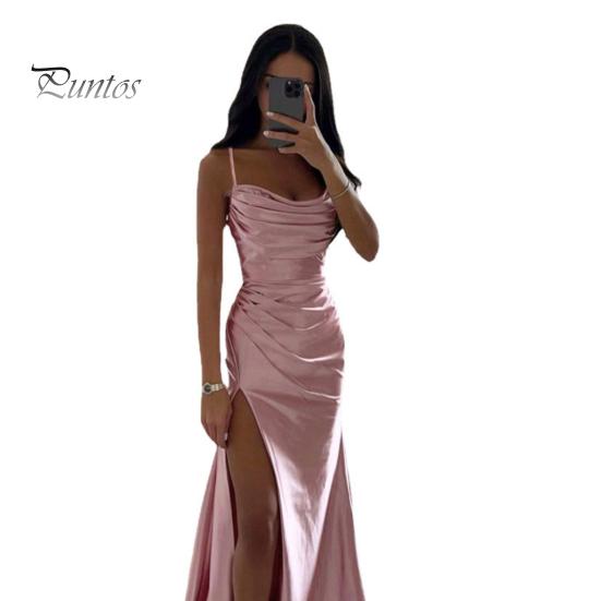 Женское вечернее платье с разрезом по бокам, плиссированное, с открытой спиной, облегающее платье макси на тонких бретельках, с глубоким вырезом, без рукавов, платье-комбинация А-силуэта для свадебного банкета