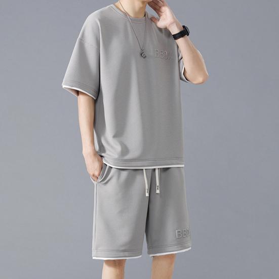 Мужской летний наряд из 2 шт./компл., футболка с коротким рукавом и круглым вырезом, эластичная талия, регулируемый шнурок, широкие шорты, комплект, поддельные