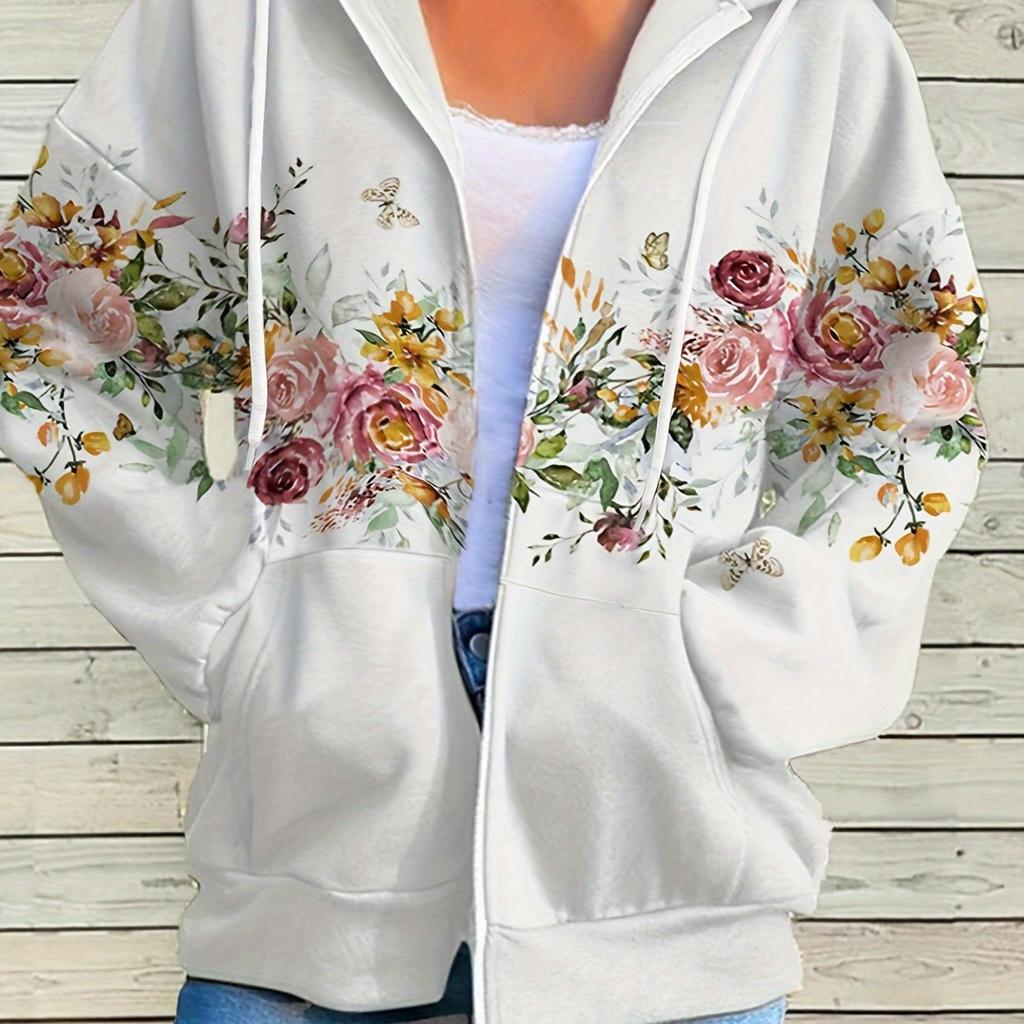 Vibrant Floral Print Kangaroo Pocket Long Sleeve Zip Up Drawstring Sweatshirt with Casual Womens Comfy Everyday Wear