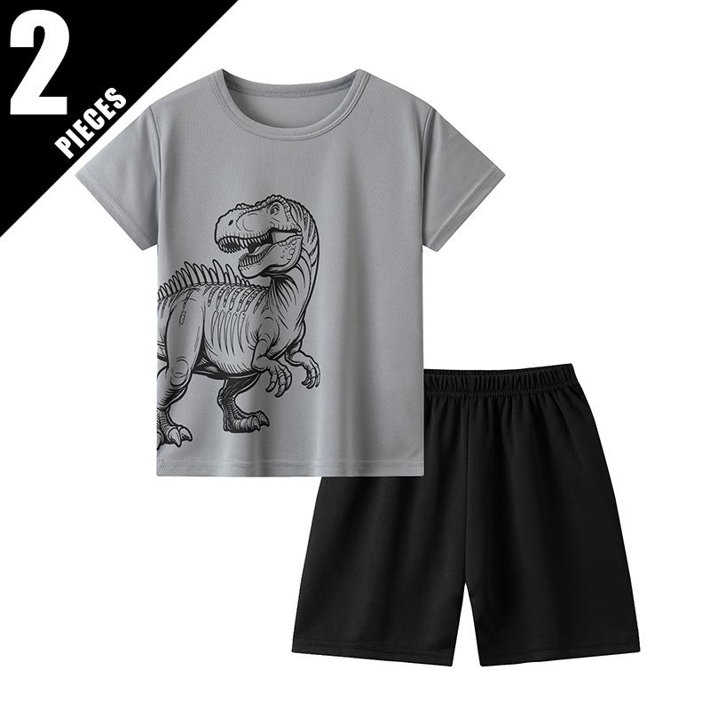 2-Piece Children's Summer Quick Drying Sports Suit for Boys and Girls, Handsome Dinosaur Print Short-Sleeved Top, Black Shorts