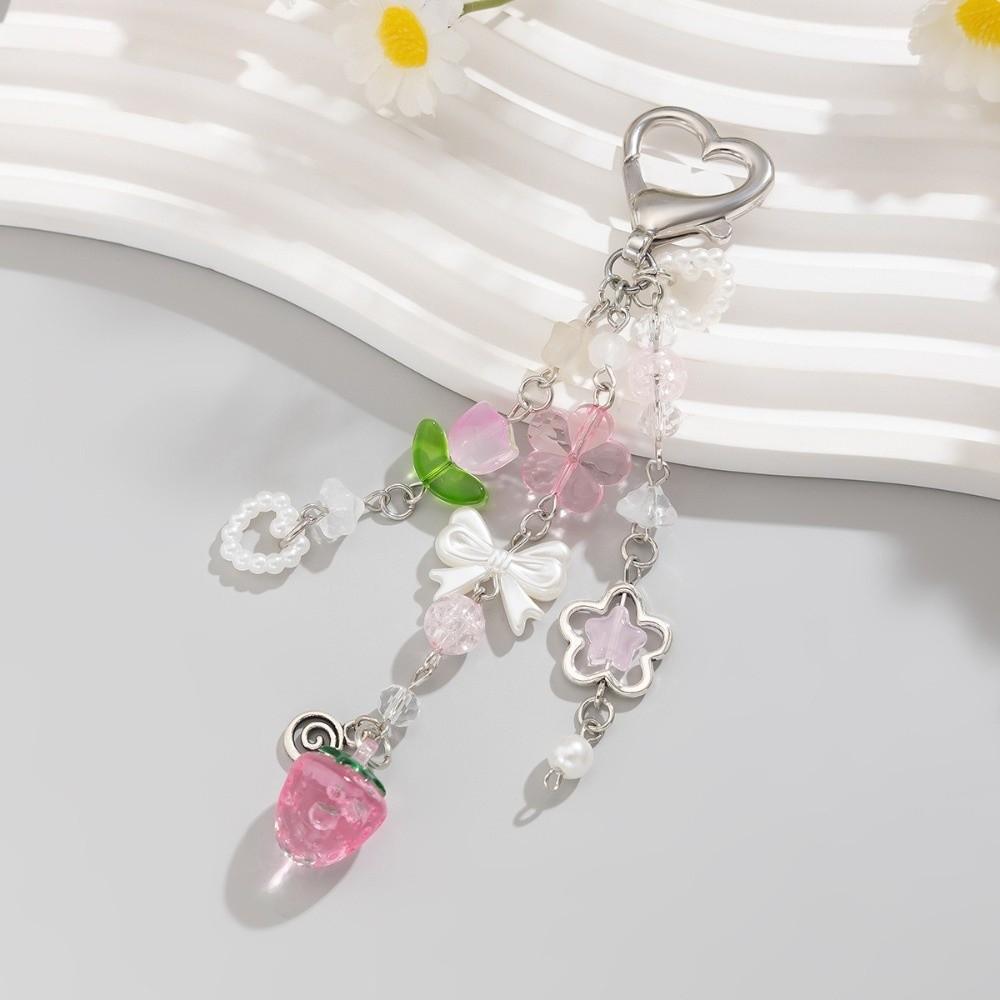 Strawberry Design Beaded Phone Chain Cute Flower Bag Charm Keychain Strap  Coquettish Style