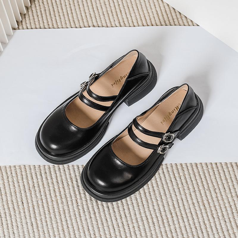 Spring New Women 'S Leather Shoes Casual Mary Jane Shoes Fashion Round Head Black Loafers Kitten Heels Large Size 41 -43