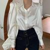 Korean Puff Sleeve Loose Satin Button Lapel Shirt  Elegant Women Shirt Tops White  Chic Women Blouse Blusas Mujer 12635