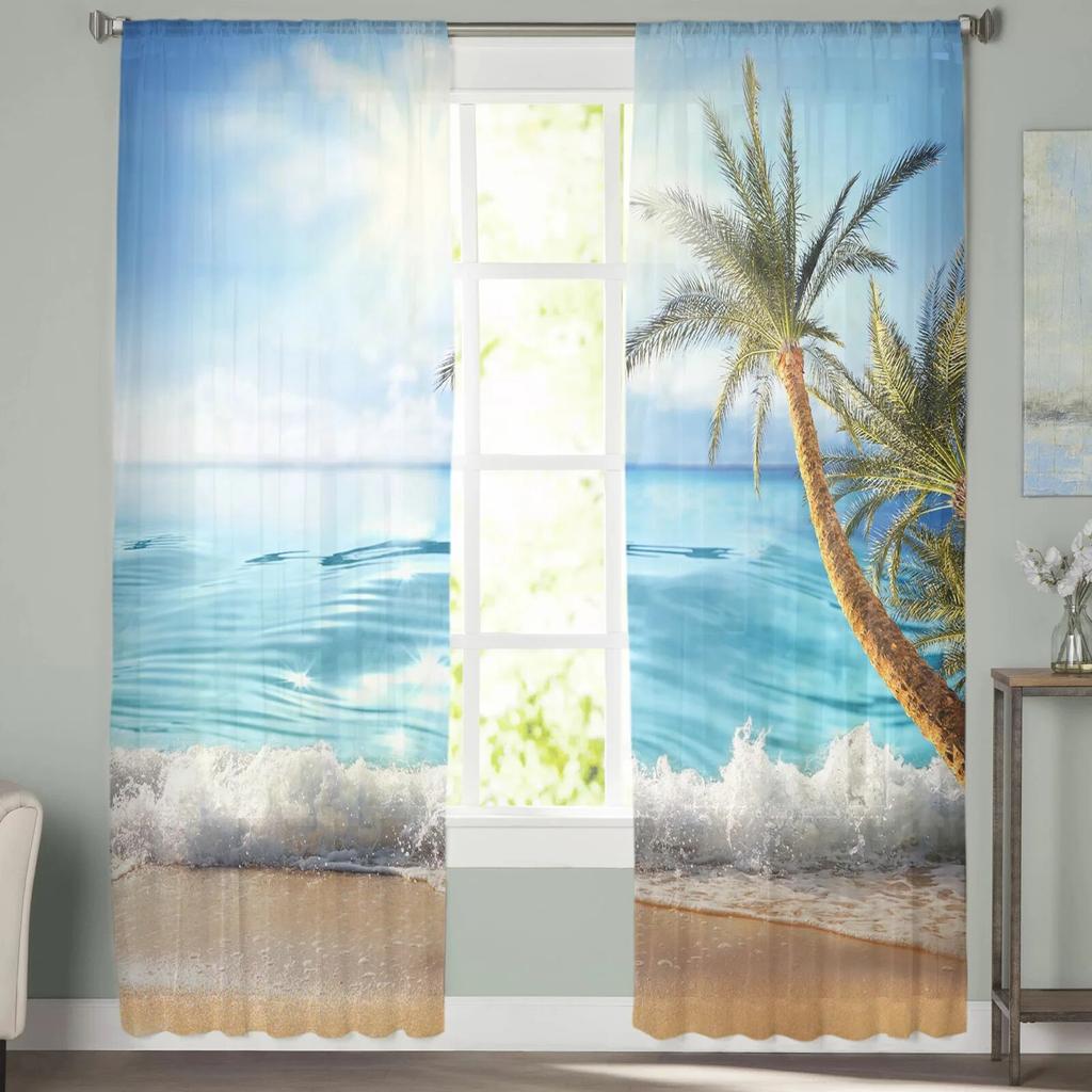 Прозрачные шторы для гостиной, пляжа, моря, кокосовой пальмы, детской спальни, балкона, большие шторы, занавески для кухни, столовой