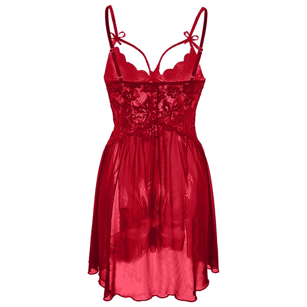 Ladies Erotic Lingerie Sexy Lace Stitching Slit Nightdress Suit Without Steel Ring