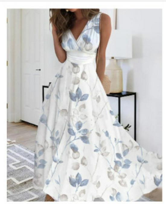 Женское летнее платье с V-образным вырезом, высокой талией, без рукавов, с принтом, 2023