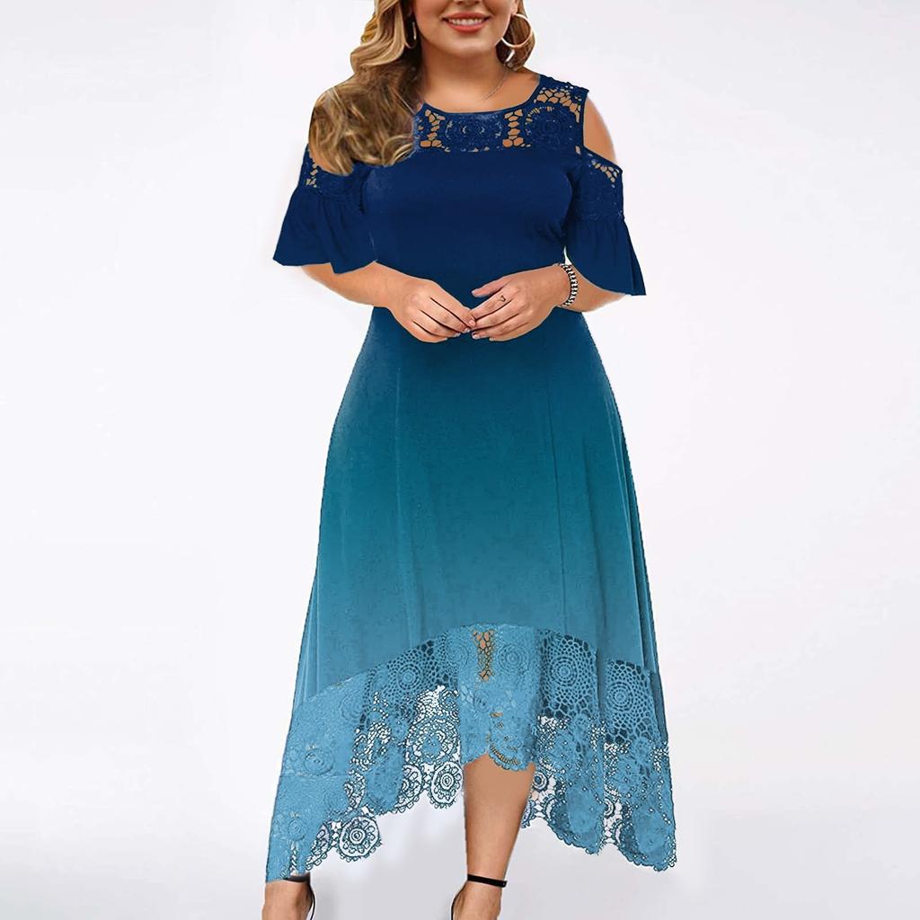 Plus Size Fashion Gradient Print Womens Lace Stitching Ruffle Short-Sleeved Strapless Sheath Dress