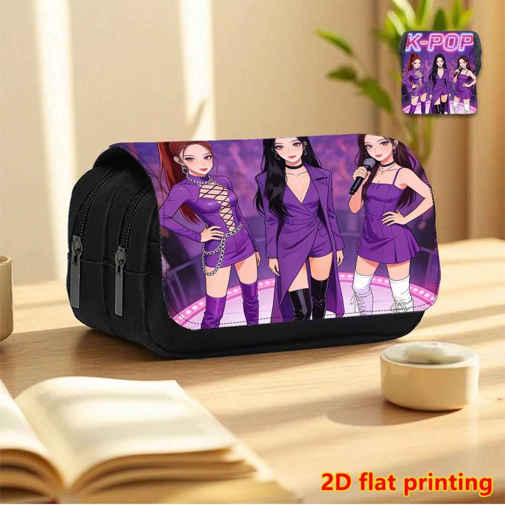 1pc Purple Dreamy Stage 2D Flat Printing Double-Layer Flip-Top Black Pencil Case - Back-to-School Essential Pencil Box, Daily Multi-Functional Makeup
