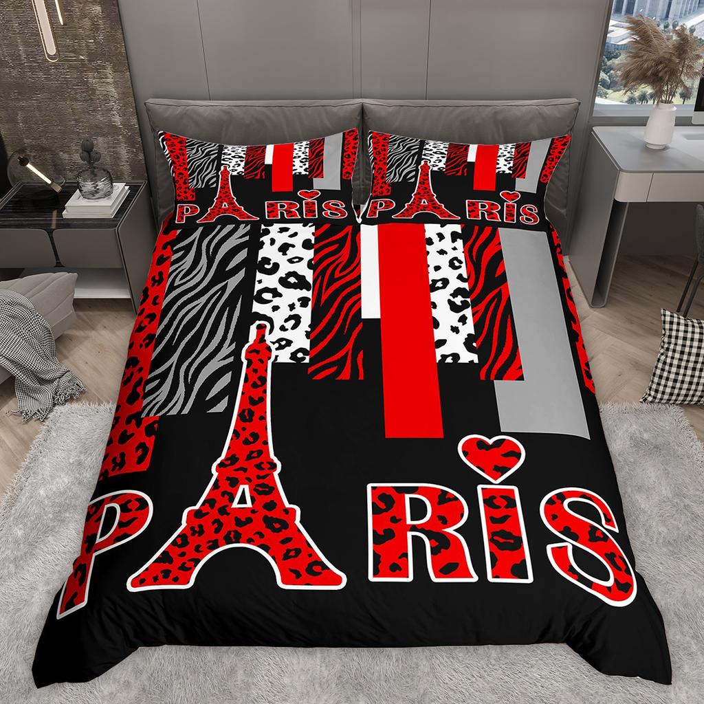 Homewish Romantic Paris Duvet Cover Set, Animal Print Stripes Bedding Set, Star Love Heart Printed Comforter Cover Set