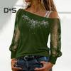 Fall Spring Women Top See-through Mesh Patchwork Shiny Sequin Rhinestone Diagonal Collar Loose Long Sleeve Flower Pattern One Shoulder Plus Size Lady