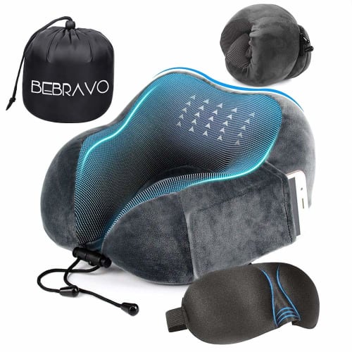 BeBravo Airplane Neck Pillow, Memory Foam U-Shaped Pillow for Travel, Naps, and More. Compact, Breathable, and Lightweight. Includes a 3D Eye Mask and