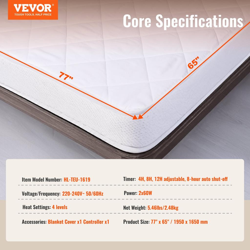 VEVOR Heated Mattress Pad, 195 x 165 cm, Queen Electric Bed Warmer with 4 Heat Settings Control, 12-Hour Timer, 8-Hour Auto Off