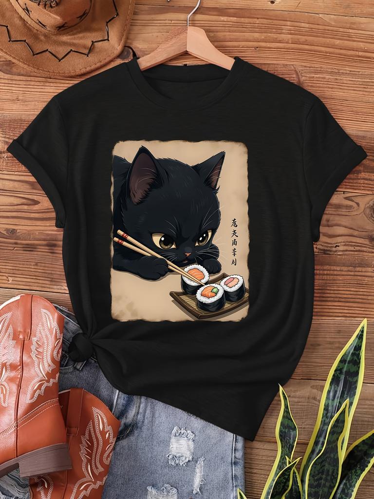 Black Cat Eating Sushi Women's Tee - Japanese Art Graphic, Casual Kawaii Top
