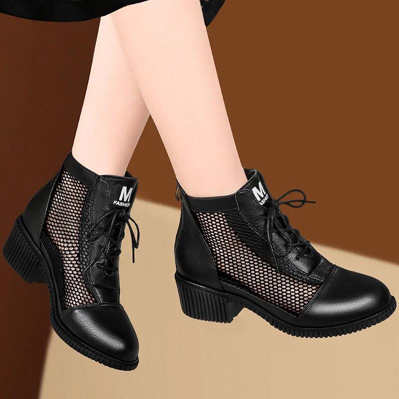 Черные сетчатые ботинки, женские ботинки на квадратном каблуке, кружевная молния сзади, искусственная кожа, мягкая кожа, новая мода, весна-осень