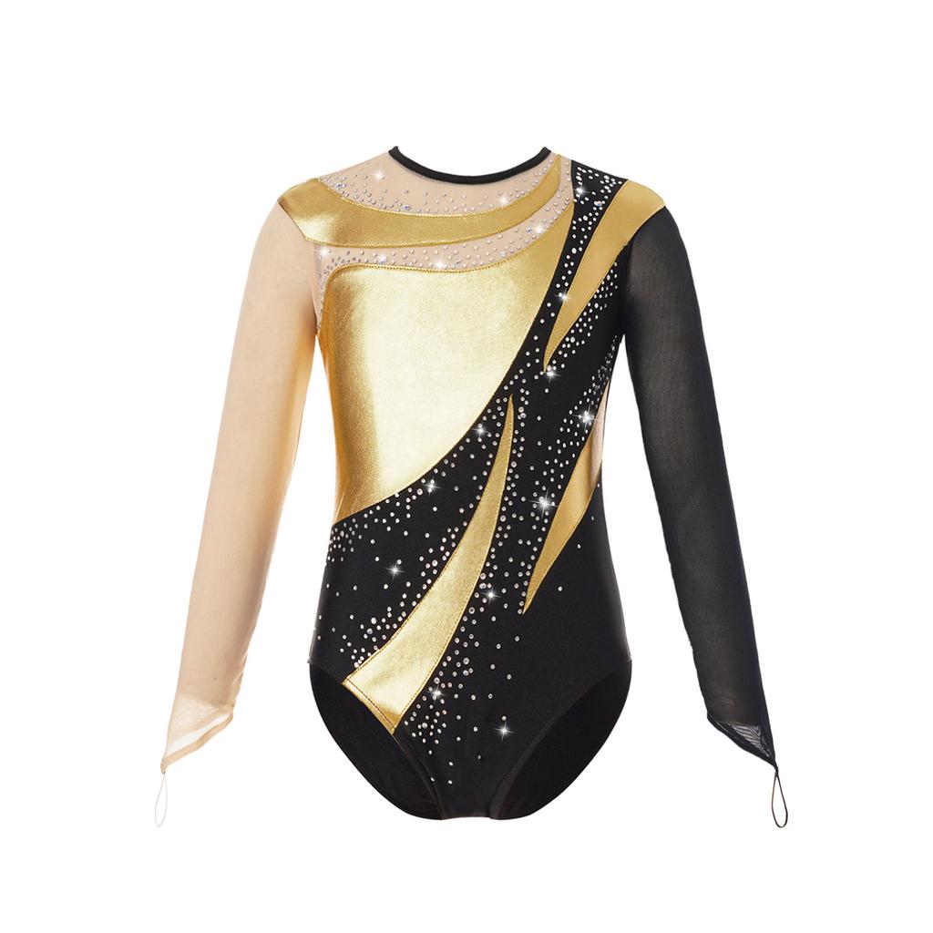 Kids Girls Shiny Gymnastic Leotard Bodysuit Mesh Long Sleeve Keyhole Back Metallic Ice Skating Jumpsuit