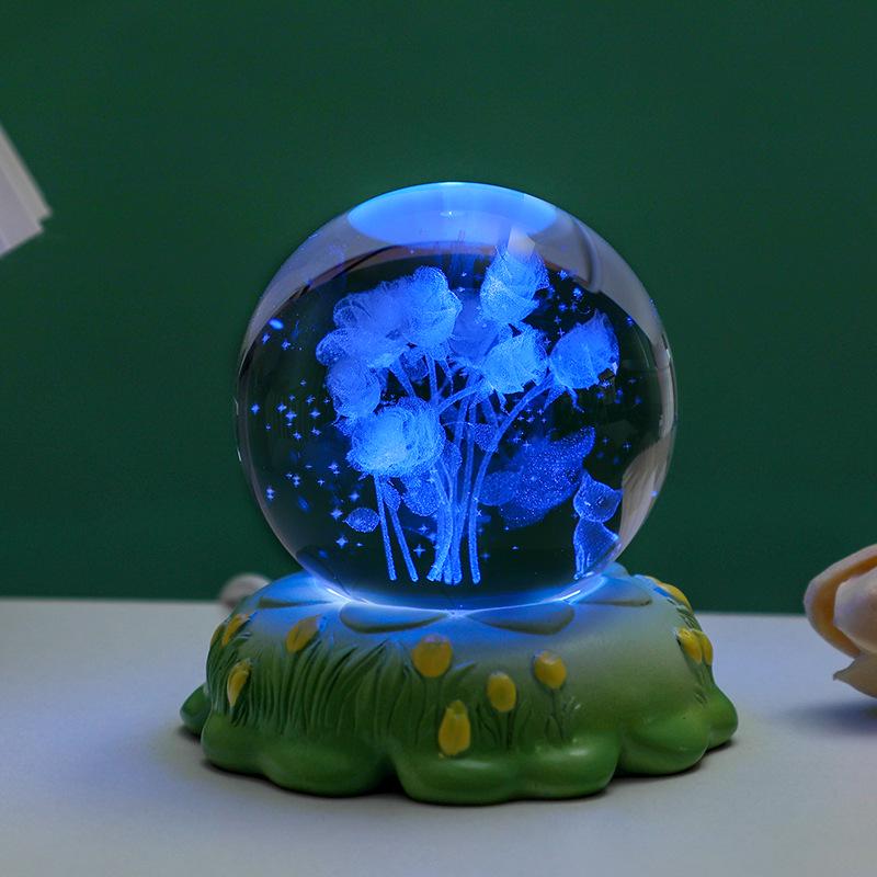 3D Ночник Хрустальный Шар Тюльпан - Светящееся Украшение для Спальни и Подарок на День Рождения для Девочек