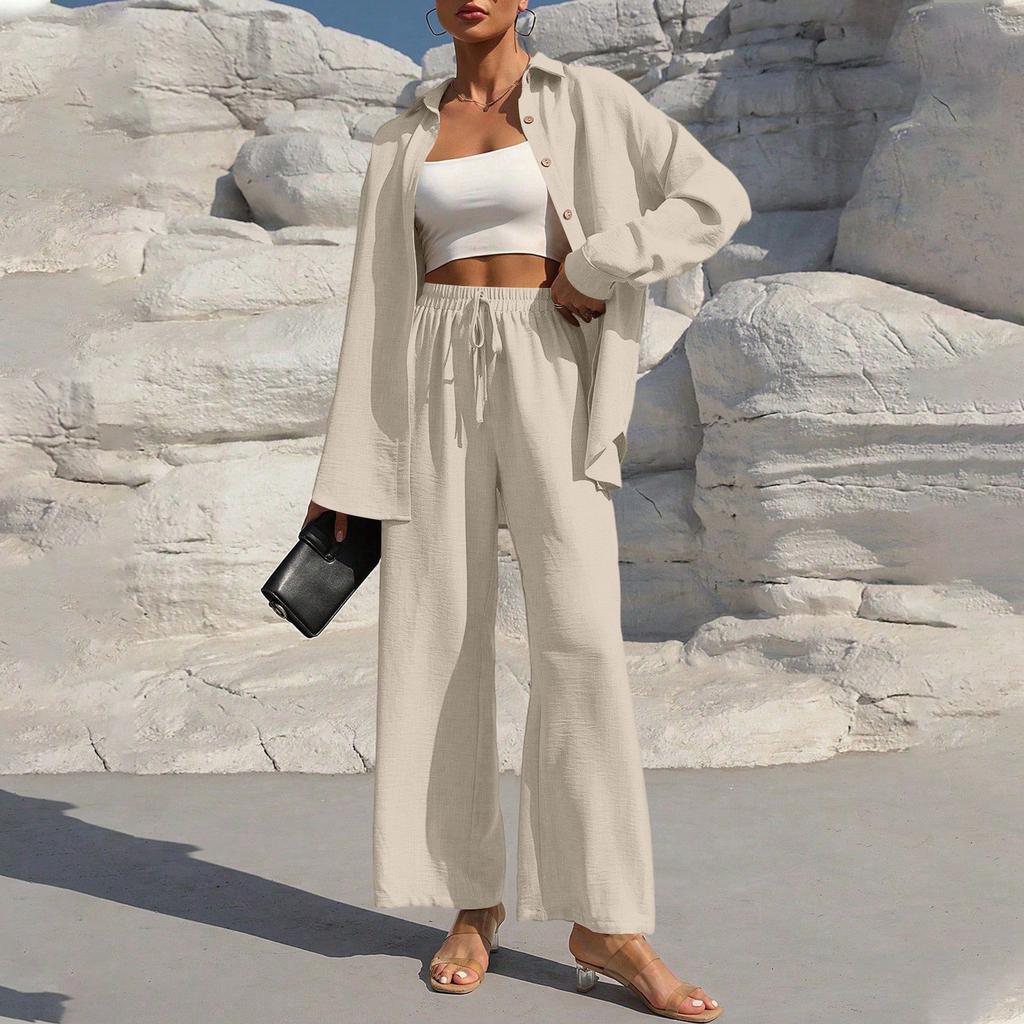 Women's Fashion Solid Color Long Sleeved Button Cardigan Top Elastic Waist Casual Pants Two-piece Set