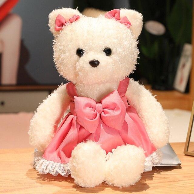 Kawaii Plush Curly Hair Teddy Bear Toys Charming Bear with Bow Suspender Dress Pillow Stuffed Soft Dolls Girls Gifts
