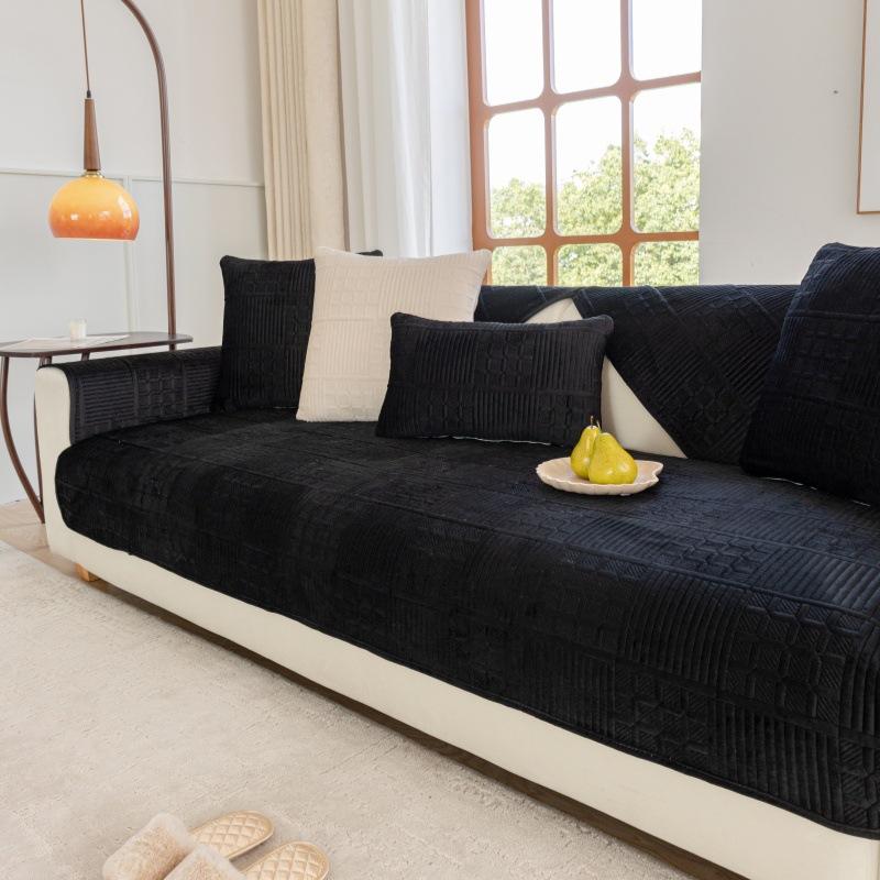 Nordic Simple Solid Color Modern Plush Sofa Cushion Four Seasons Universal Embroidery Non-Slip Seat Cushion Dutch Velvet Sofa Cover Towel