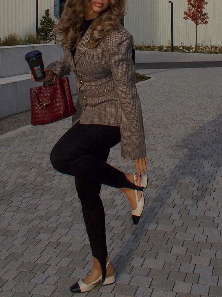 2024 года Евро-американский клетчатый приталенный пальто-тренч с длинными рукавами и отложным воротником для осенне-зимней моды