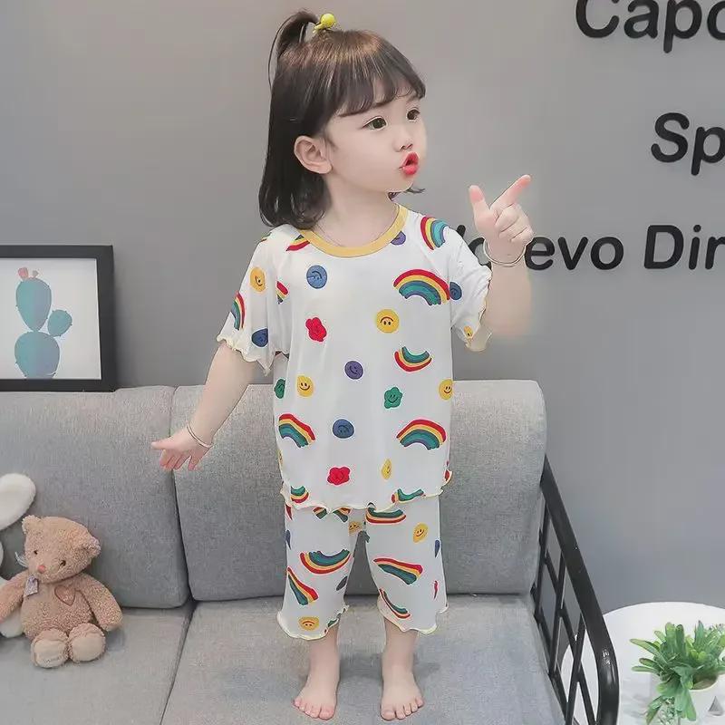 Ice Silk Soft Girls' Short-Sleeve Pajamas - Stylish Korean Summer Sleepwear for Babies