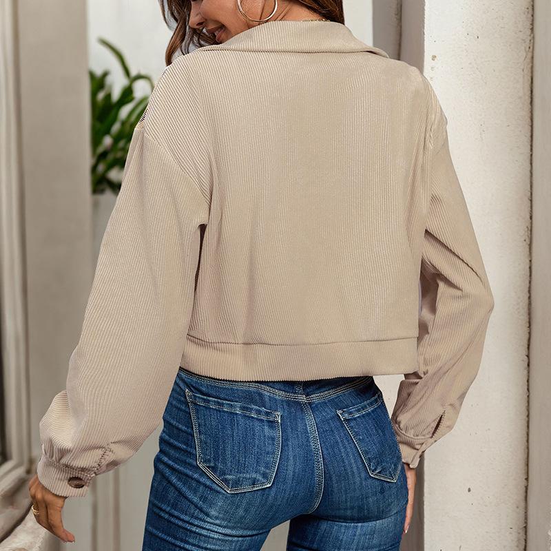 Женская осенняя вельветовая короткая куртка с длинным рукавом и лацканами в цветных блоках с карманом