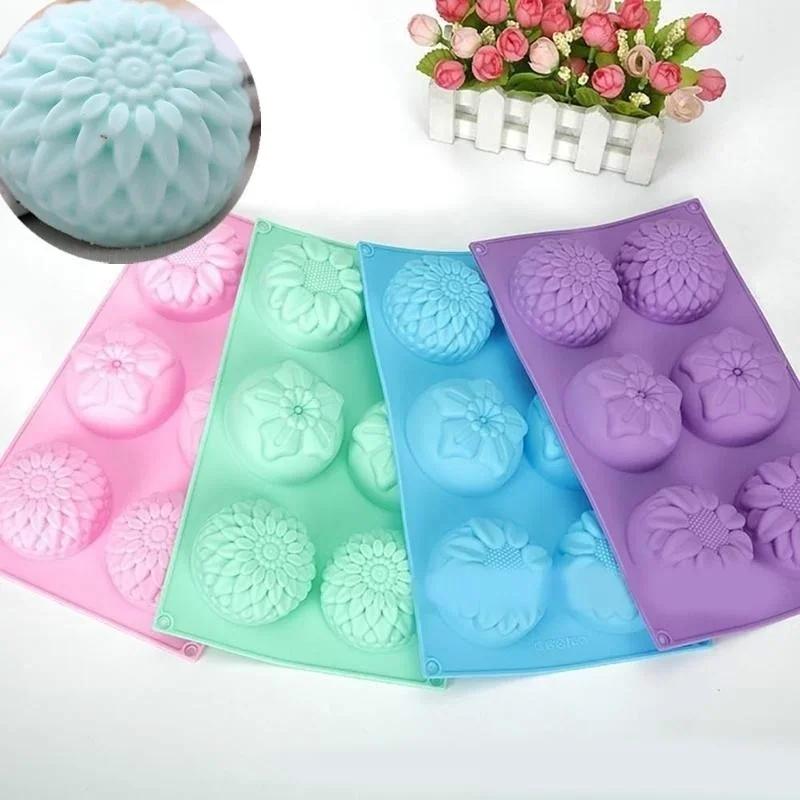 Silicone Cake Mold Handmade Soap Mold 6 Grids 3 Different Flowers Pastry Baking Utensils DIY Mold Random Colors