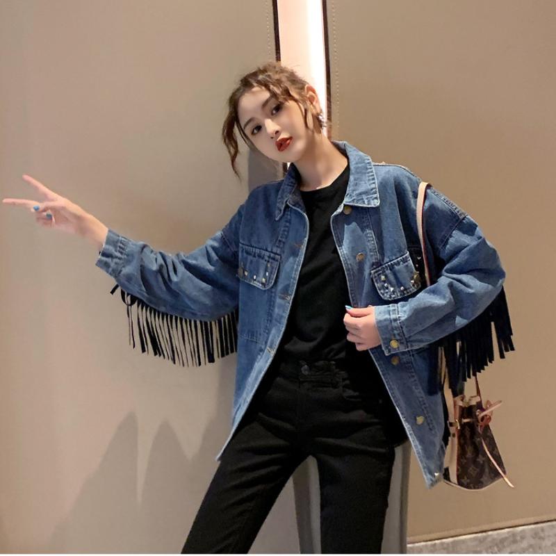 Женская джинсовая куртка 2025 года, осень, новая джинсовая рубашка с вышитыми кисточками, женские свободные повседневные пальто, модный дизайн, корейская версия Y2K