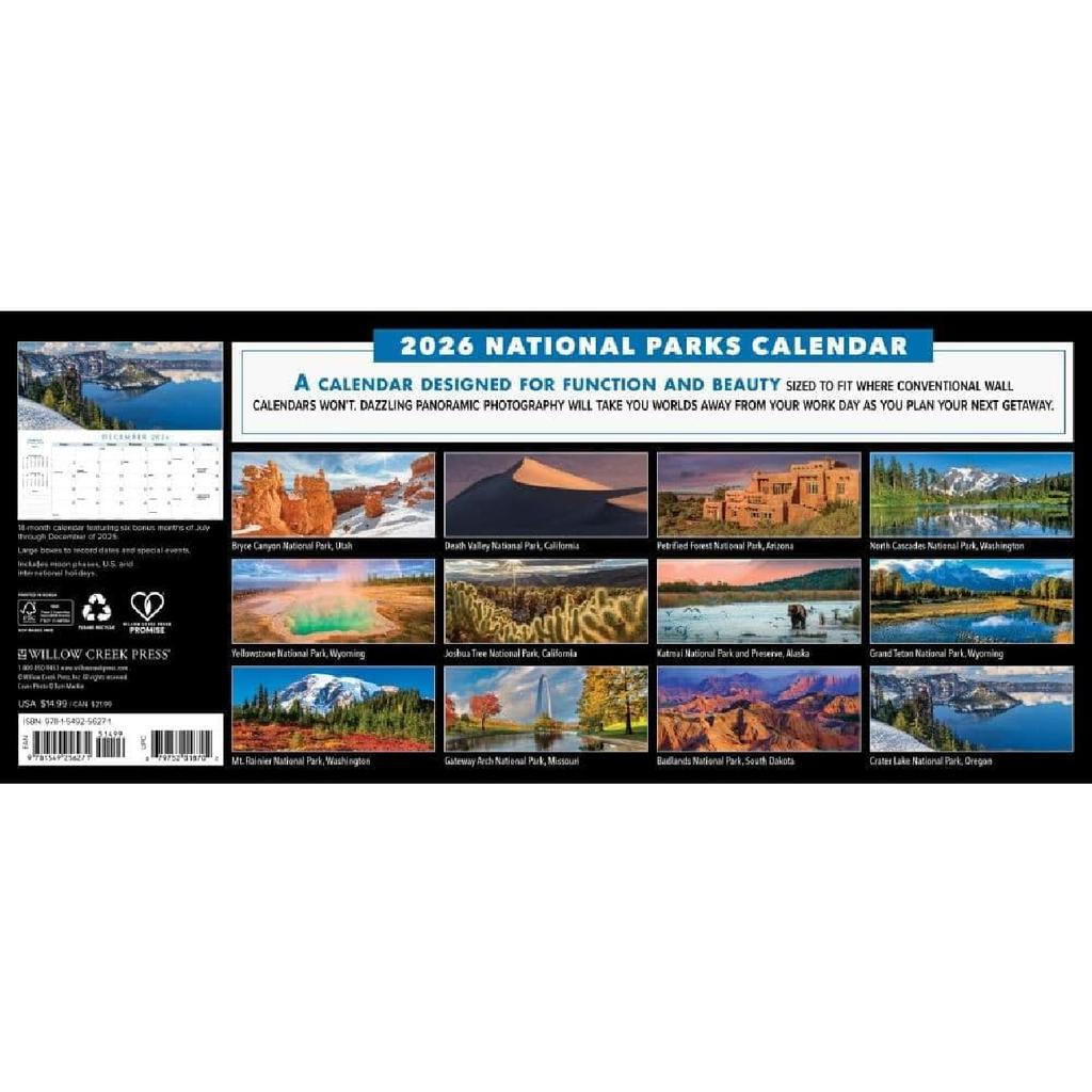 Willow Creek Press, National Parks Panoramic 2026 Wall Calendar, 15'' X 6.5'', 18-Month Calendar with Stapled Binding