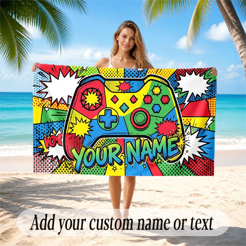 Game Controller Theme Beach Towel Personalized Custom Name & Text Soft Quick Dry Beach Towel for Swimming Travel