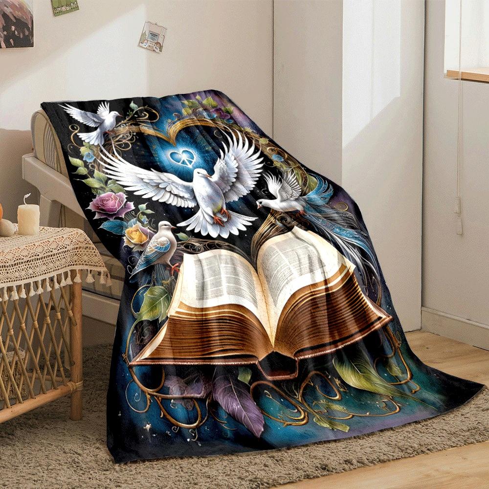 Doves, an open book, a glowing heart, and floral elements form a harmony. for all seasons blanket lunch break throw gift