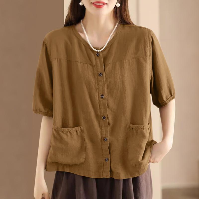 ZANZEA Женская повседневная блузка с круглым вырезом и коротким рукавом, с карманами в стиле пэчворк