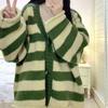 Полосатый свитер с v-образным вырезом, кардиган, женское пальто 2023, осень/зима, корейский вязаный кардиган, топ, академический милый свободный женский свитер