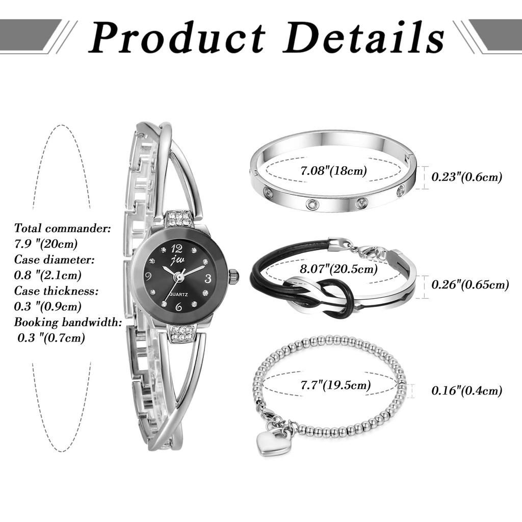 Cute Stainless Steel Bangle Silver Infinity Code Heart Bracelet Waterproof Quartz Watch Bracelet 4 Piece Set Christmas Day Gift for Mother Women's
