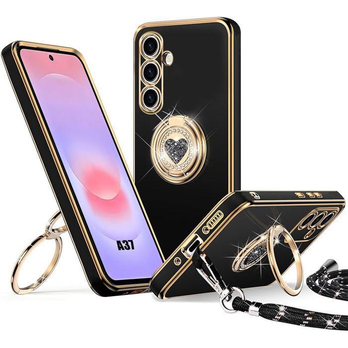 Coque pour Samsung Galaxy A37 5G, Silicone Souple avec Anneau Motif Cœur et Cordon - Noir