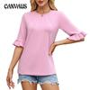 Women's Spring and Summer Solid Color Striped Round Collar Lotus Sleeve Sleeve T-shirt Top