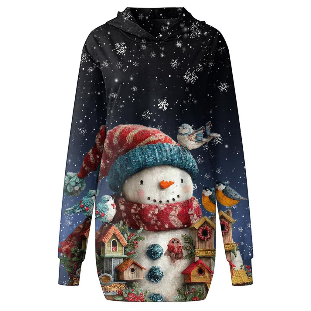 Women's Christmas Print Long-Sleeved Hooded Pocket Pullover Dress