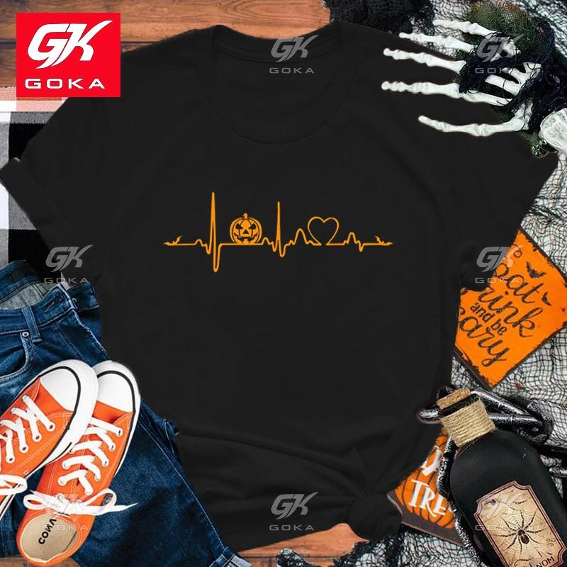 Halloween Pumpkin Heartbeat Print Cotton T Shirt Short Sleeve O Neck Loose Women Cool T Shirts Ladies Tee Shirt Top Clothes Tees
