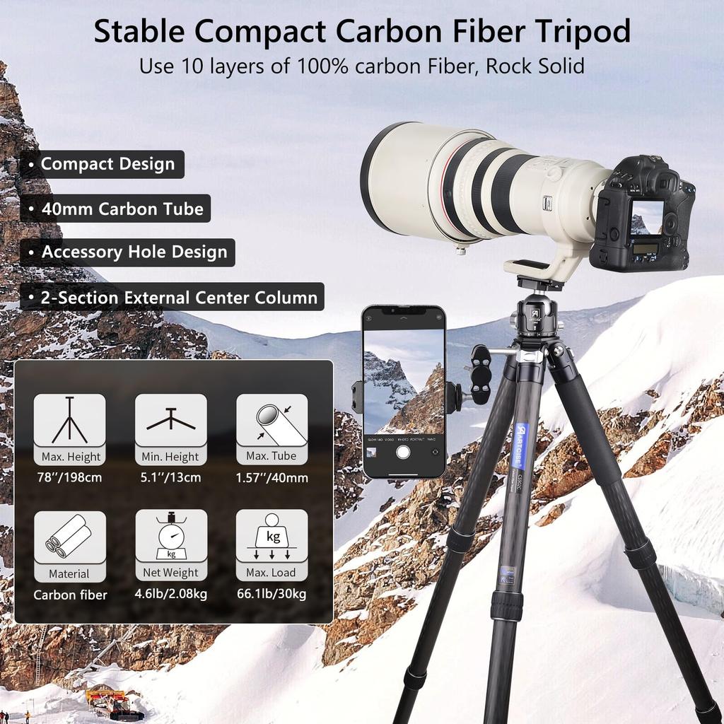 ARTCISE 2024 Design Travel Tripod, супербольшой компактный карбоновый штатив, общая высота 1980 мм, диаметр 40 мм, штатив из углеродного волокна, супервысокая нагрузка