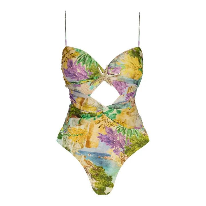 European and American swimwear new starfish decoration floral vacation hollow one-piece swimsuit and umbrella skirt set 11119