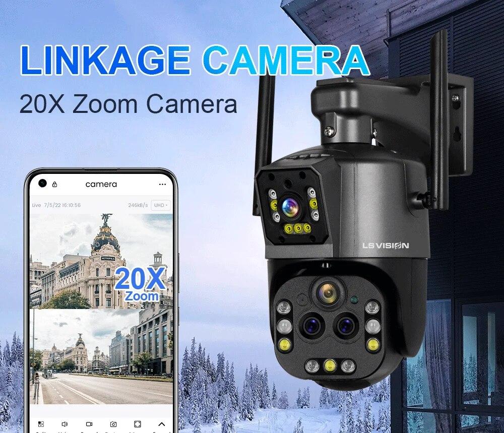 8K Wi-Fi камера безопасности с 20-кратным зумом, наружные четыре объектива, двойной экран, PTZ-камера, автоматическое отслеживание, CCTV IP, уличные камеры наблюдения Wi-Fi