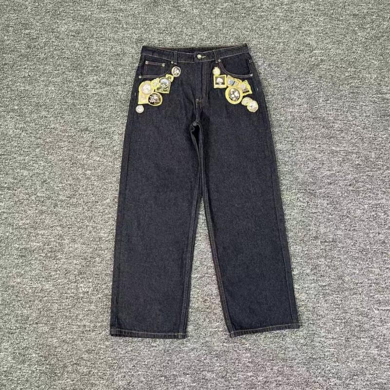 Mens Streetwear Loose Fit Denim Pants With Plum Blossom Embroidery Casual Straight Leg Jeans