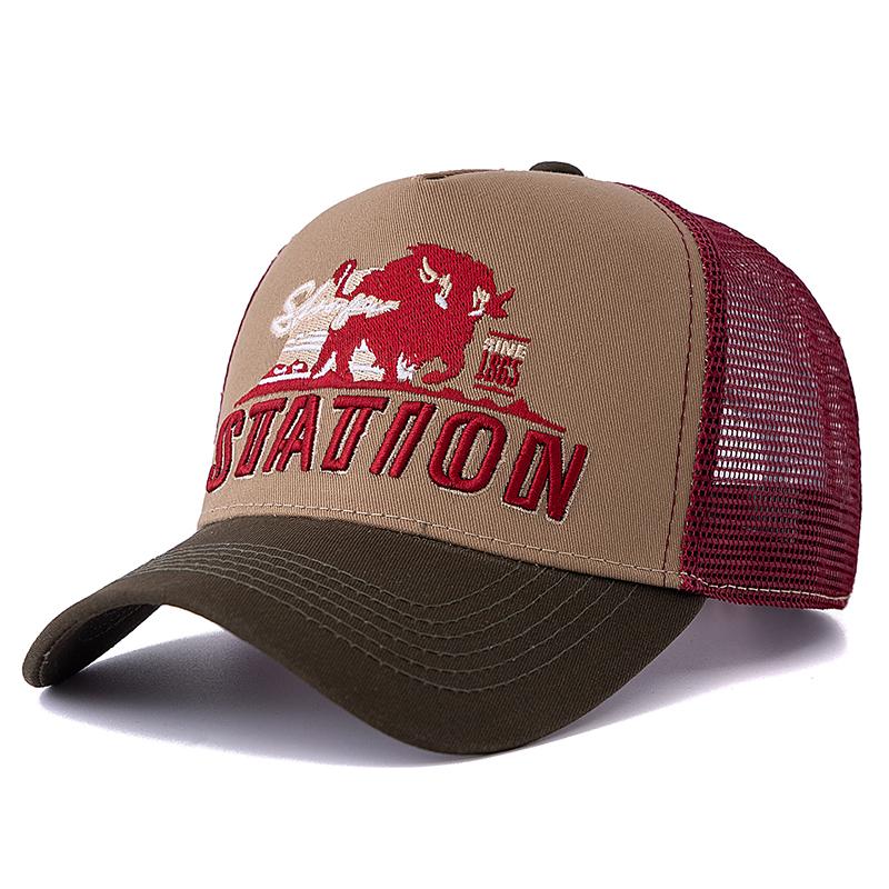 Летняя рыболовная кепка STATION Letter унисекс, дышащая сетчатая кепка дальнобойщика с вышитыми большими бизонами и быками