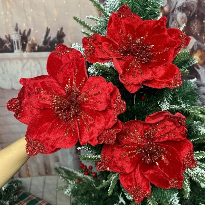 1/10pc Glitter Artificial Flowers Christmas Red Poinsettia Xmas Tree Ornament Simulated Magnolia Wedding Party Decor Fake Flower