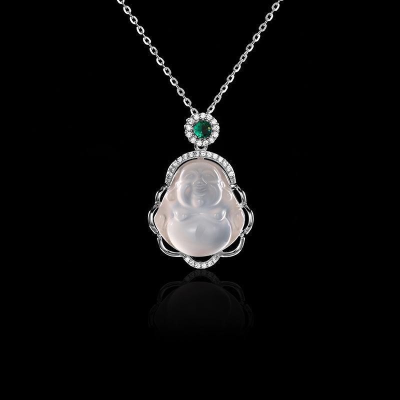 Women's Light Luxury Buddha Necklace - New 2024 White Chalcedony Clavicle Chain Pendant for Sweaters